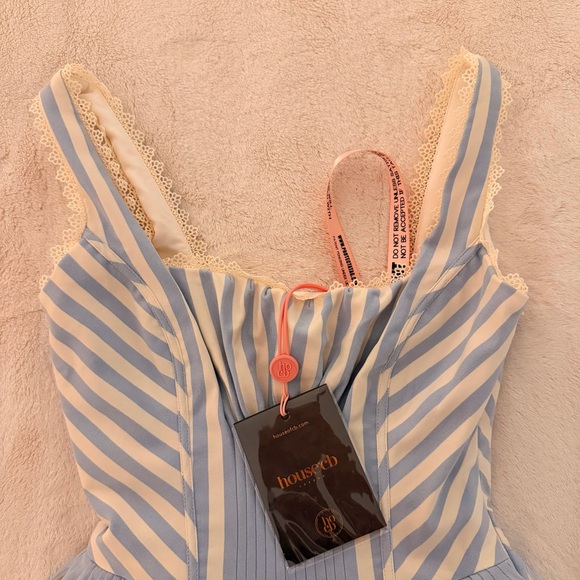 NWT House of CB LIESL Blue Striped Pintucked Mini Dress - Picture 7 of 7